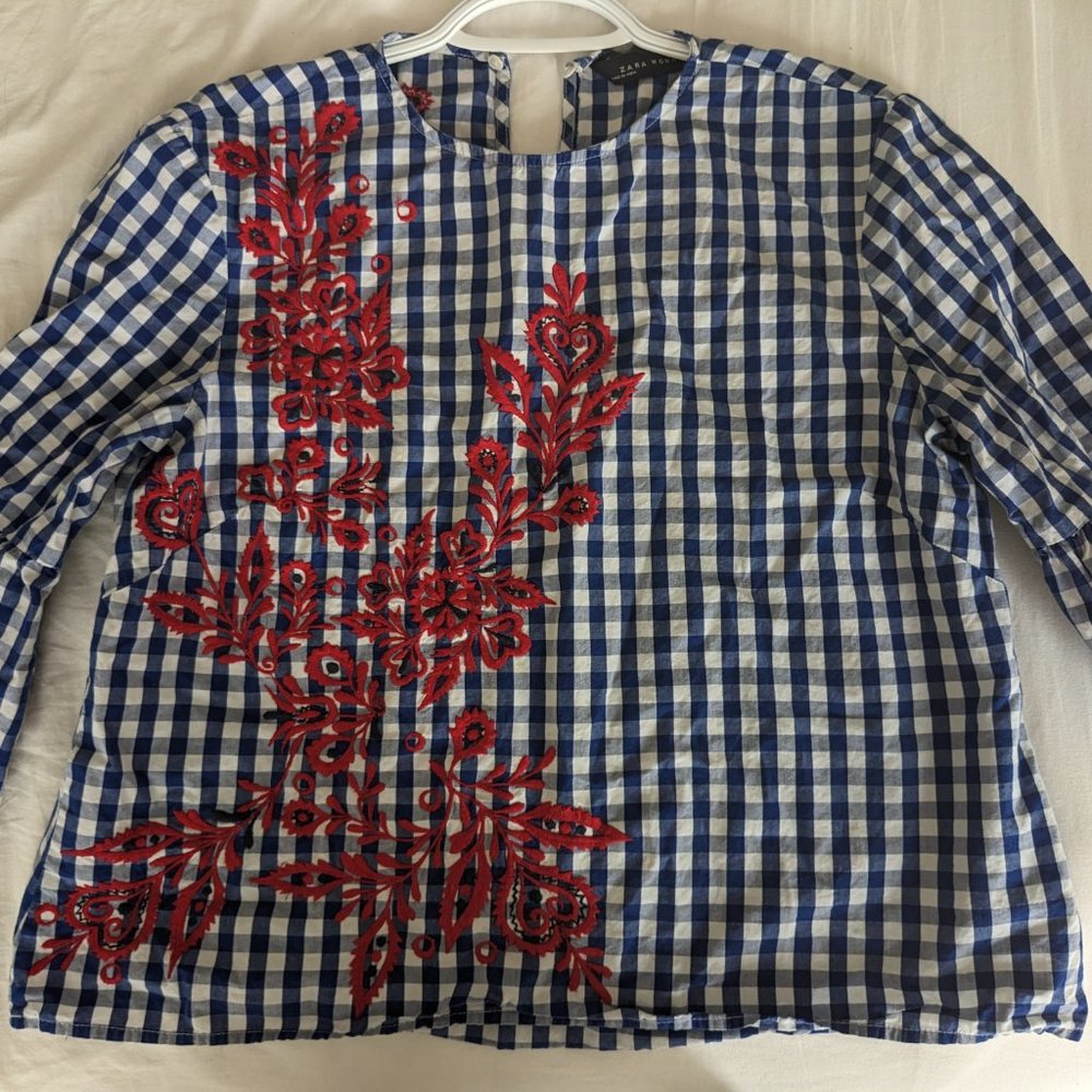 Zara Embroidered Cotton Floral Check Top Ruffle Sleeves Blue White Red Size S - Picture 3 of 5